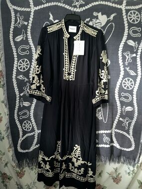 Marant Etoile Black Midi Dress with Cream Embroidered Trim